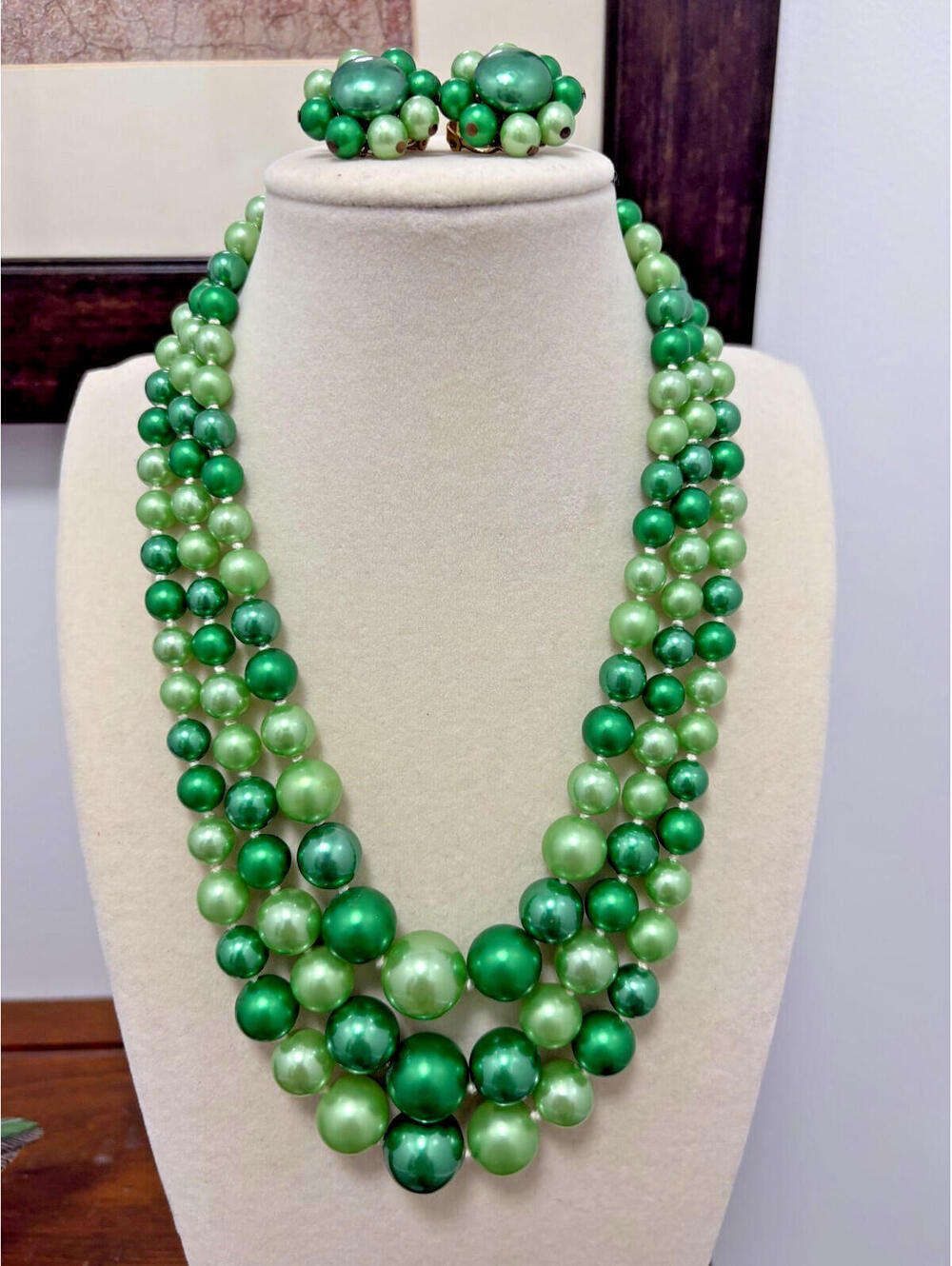 Vintage Japan Three Strand Graduated Green Beaded Necklace & Clip Earring Set